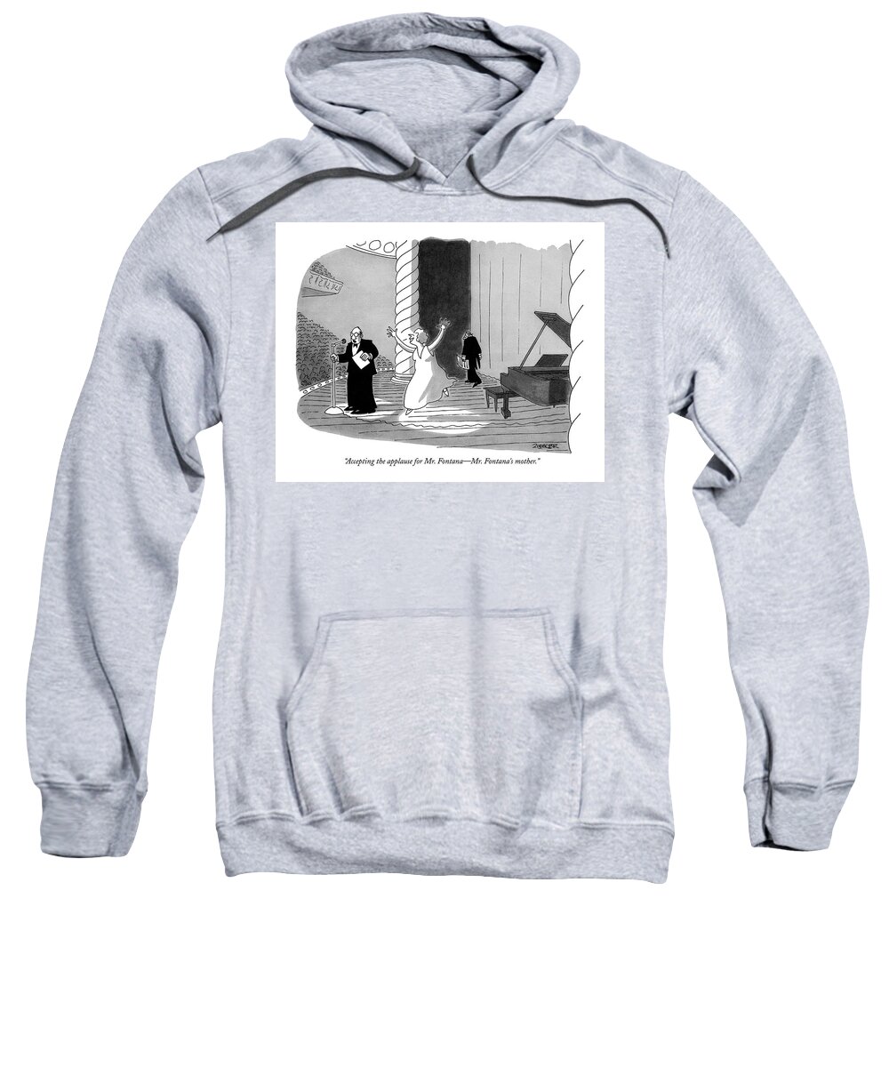 
 (announcer On Stage As Woman Dances Toward Microphone. ) Music Sweatshirt featuring the drawing Accepting The Applause For Mr. Fontana - Mr by Jack Ziegler