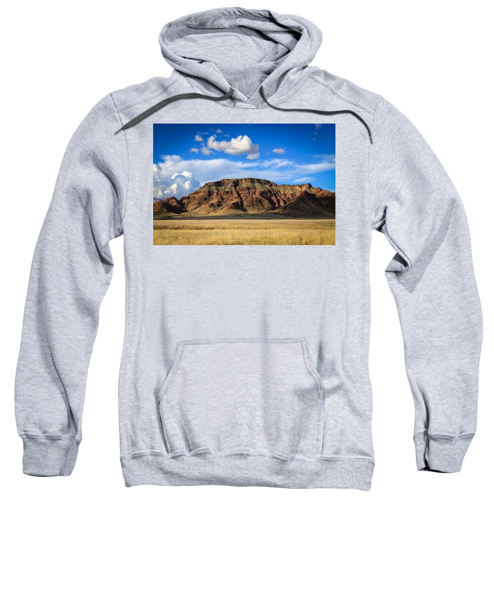 110325 Sossusvlei Vacation Sweatshirt featuring the photograph Aferican Grass and Mountain in Sossusvlei by Gregory Daley MPSA