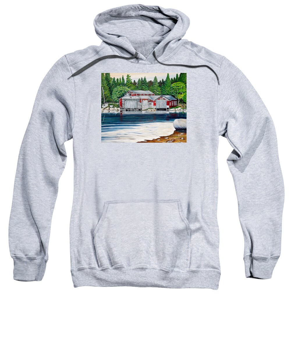 Barkhouse Sweatshirt featuring the painting Barkhouse Boatshed by Marilyn McNish