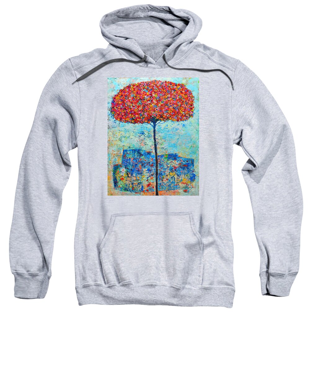 Tree Sweatshirt featuring the painting Blooming Beyond Known Skies - The Tree Of Life - Abstract Contemporary Original Oil Painting by Ana Maria Edulescu