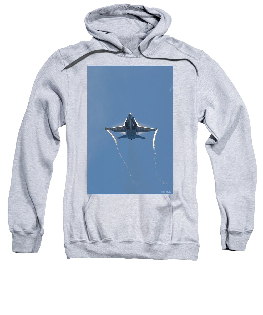 Blue Angels Sweatshirt featuring the photograph Blue Angels ghost appears head-on over Pensacola Beach by Jeff at JSJ Photography