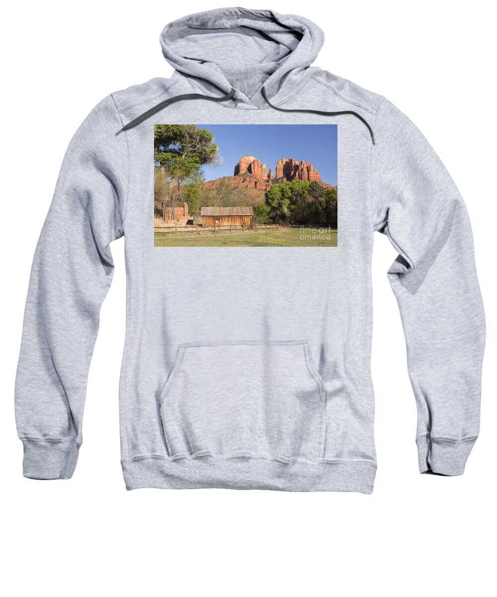 Red Rock Sweatshirt featuring the photograph Cathedral Rock with farm in Sedona by Ken Brown
