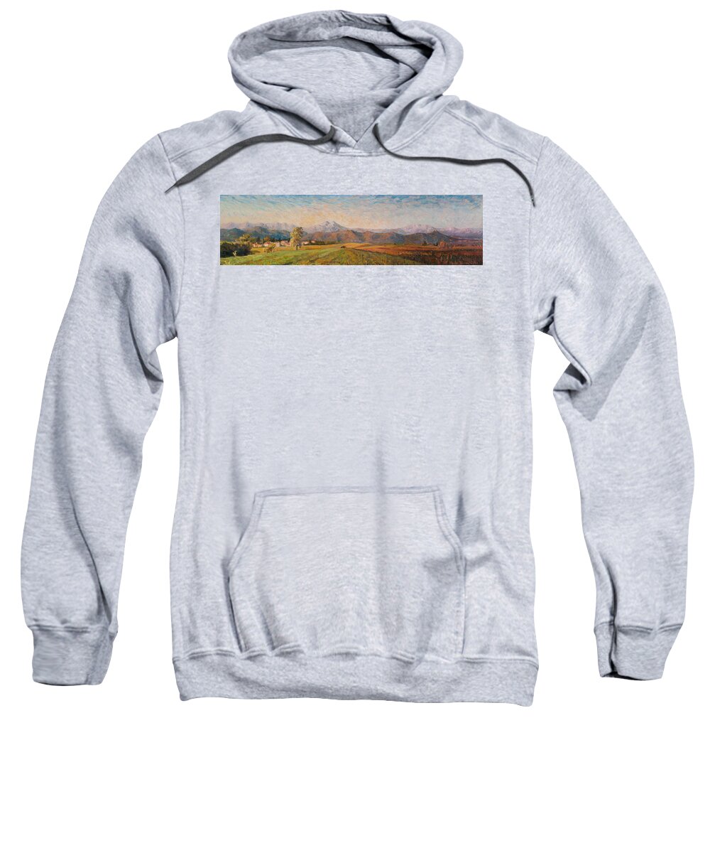 Sunset Hills Italy Color Story Fileds Montain Alps Brinaza Horizon Sweatshirt featuring the painting Changing light - full view by Marco Busoni