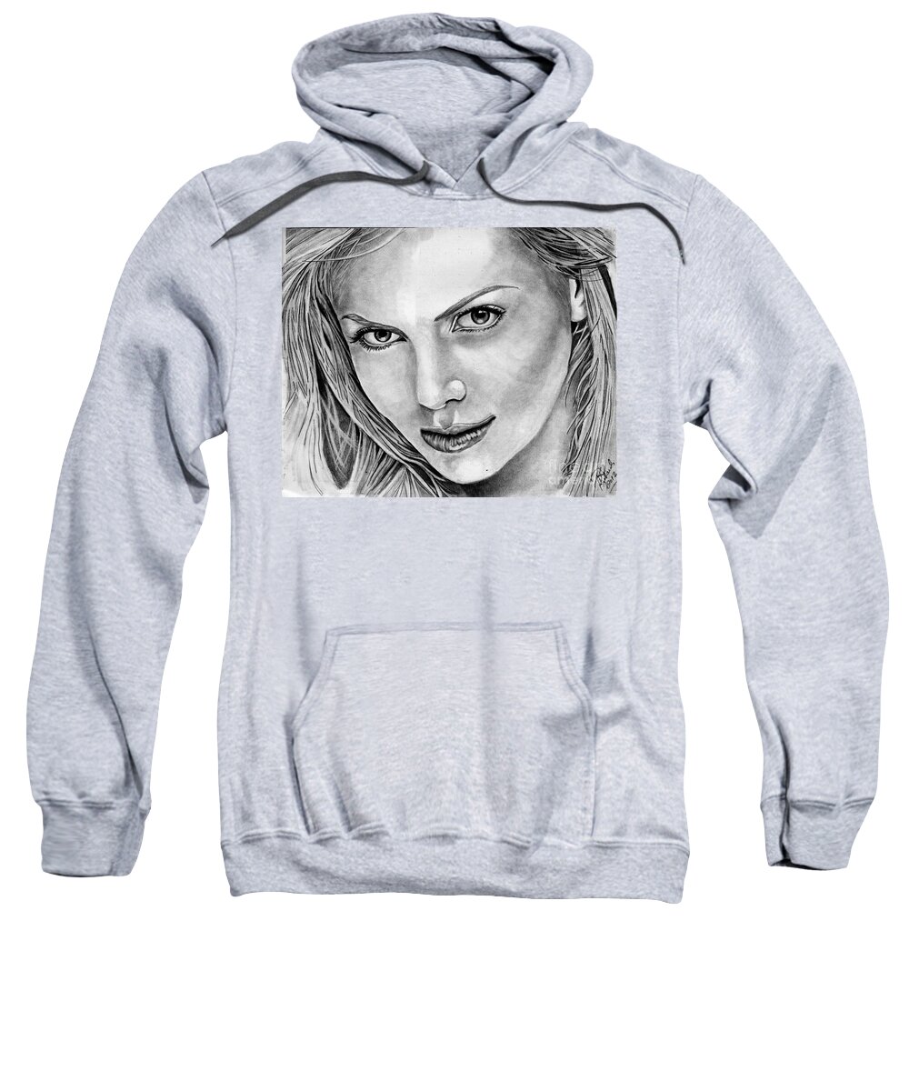 Charlize Sweatshirt featuring the drawing Charlize Theron by Bill Richards