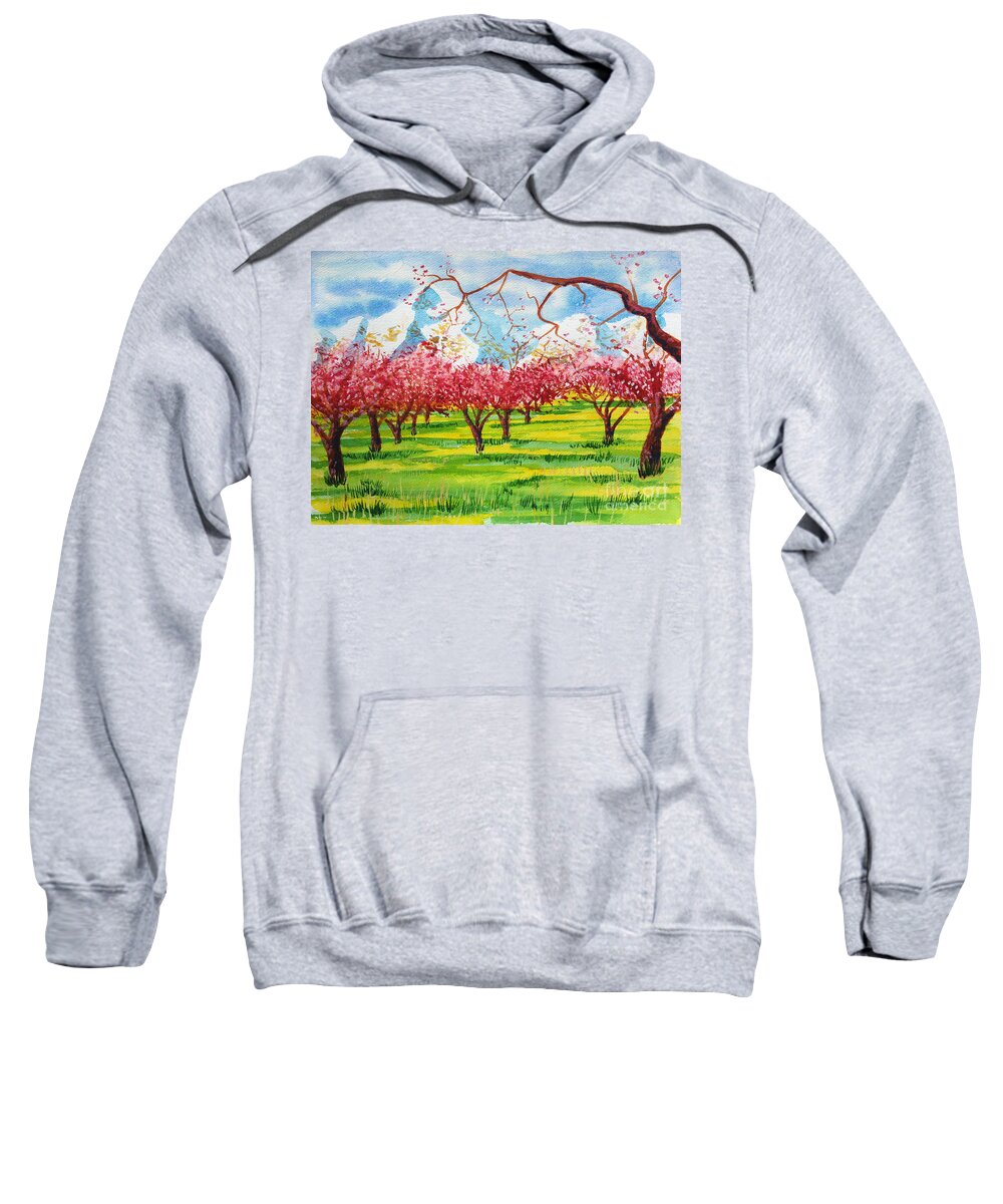Watercolor Sweatshirt featuring the painting Cherry Blossoms under Ben Lomond by Walt Brodis