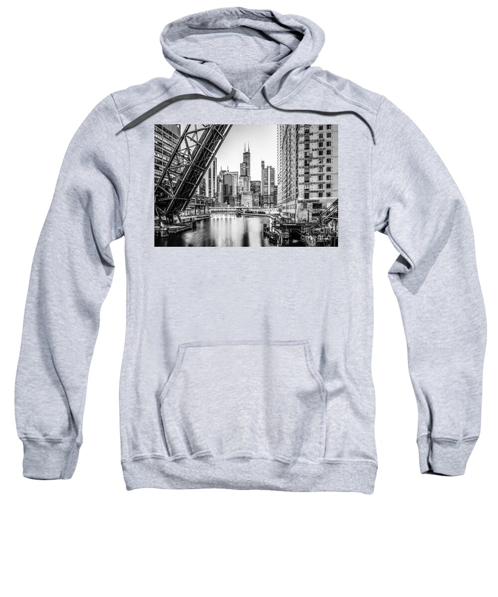 America Sweatshirt featuring the photograph Chicago Kinzie Railroad Bridge Black and White Photo by Paul Velgos