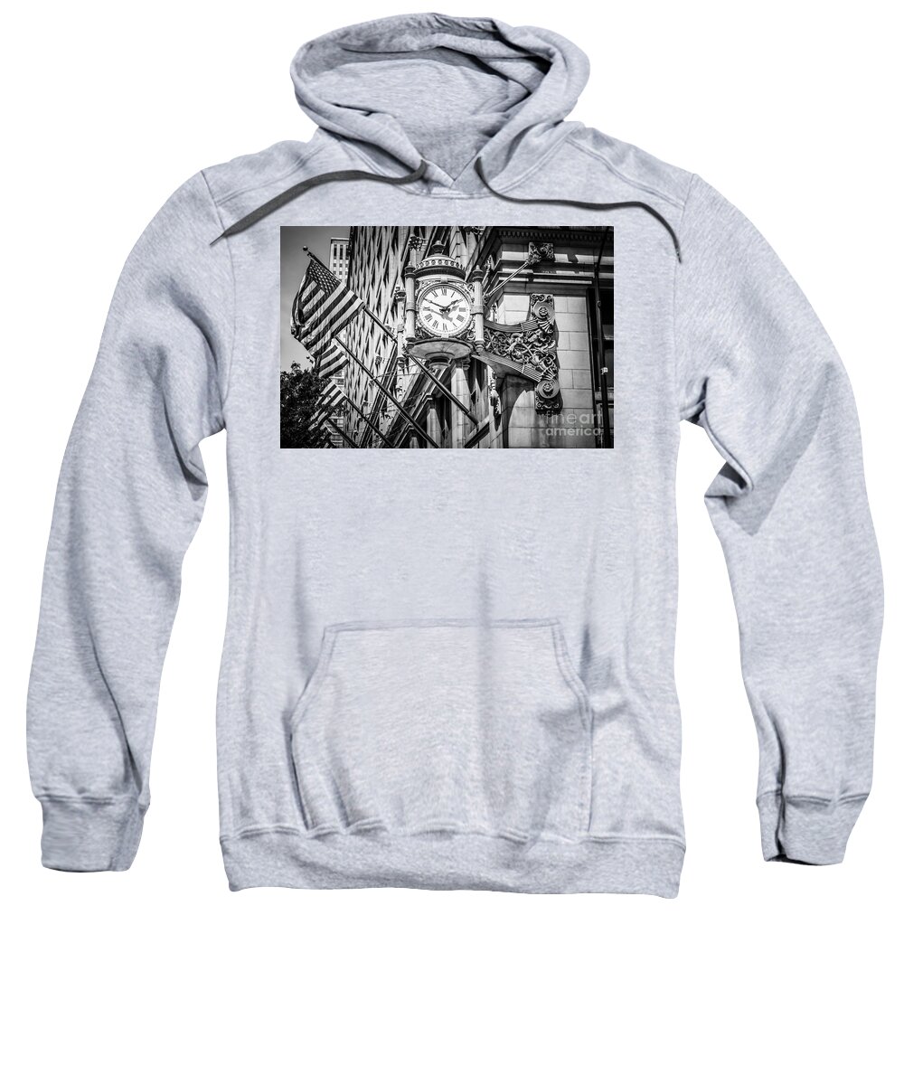 America Sweatshirt featuring the photograph Chicago Marshall Fields Clock in Black and White by Paul Velgos