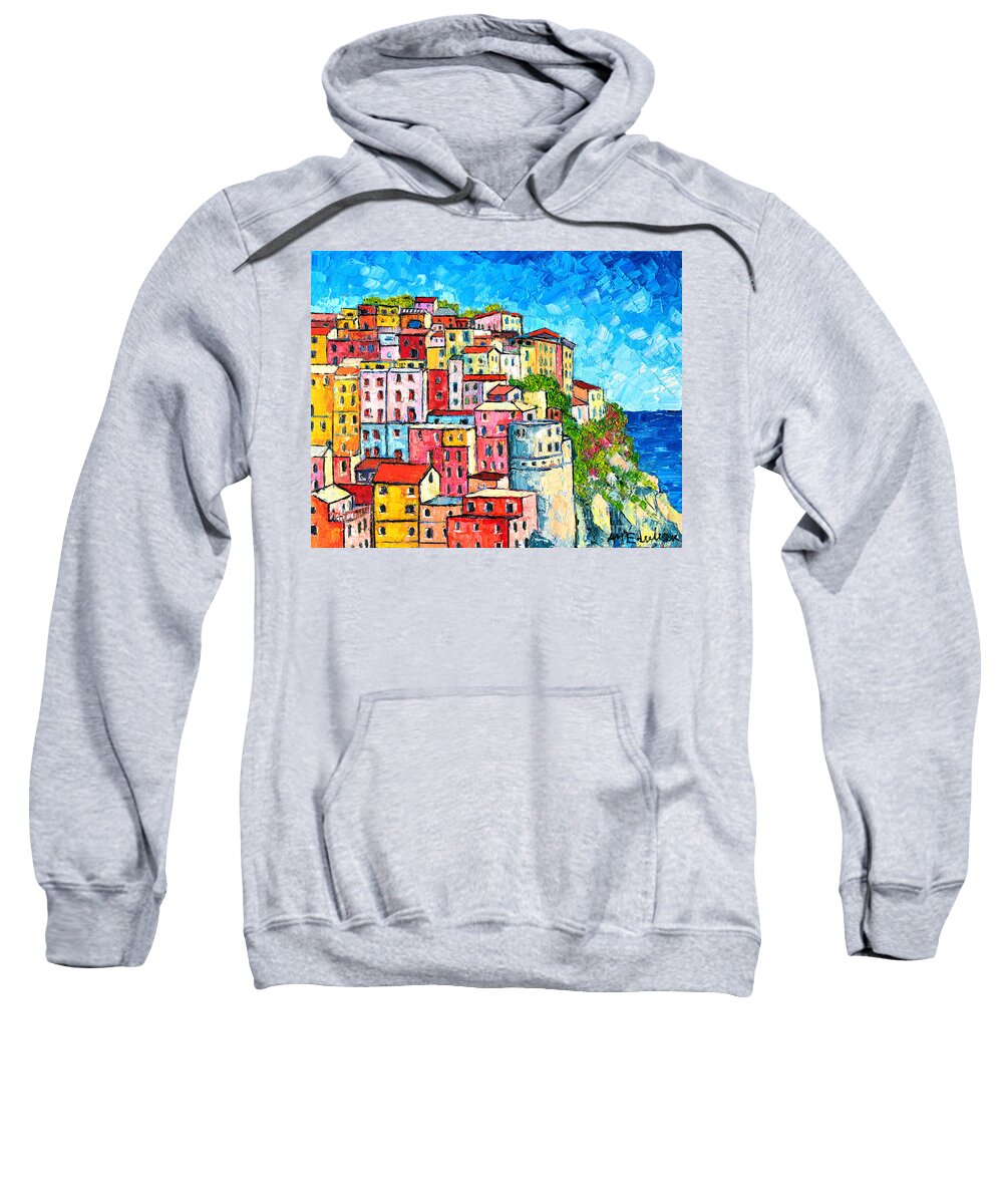Manarola Sweatshirt featuring the painting Cinque Terre Italy Manarola Colorful Houses by Ana Maria Edulescu