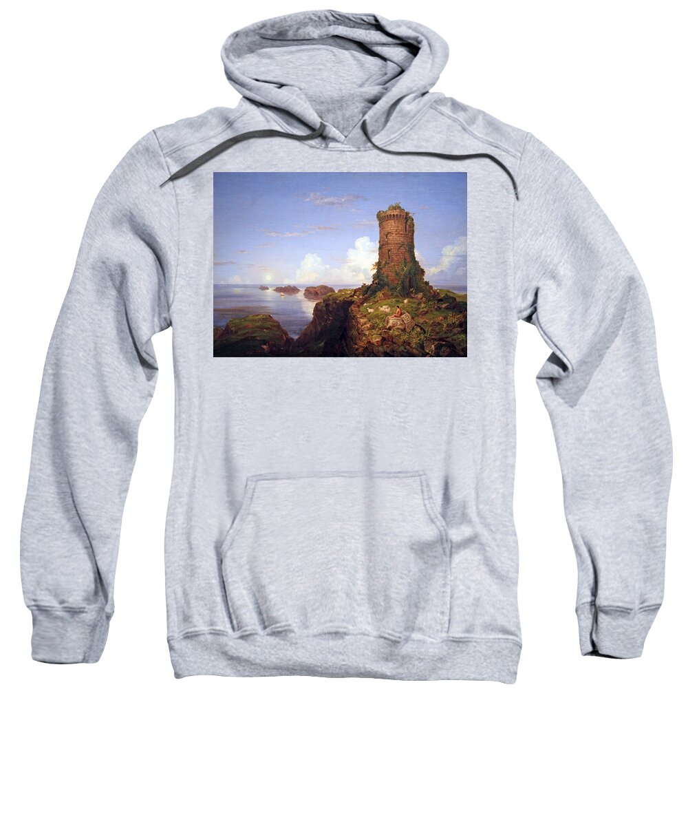 Italian Coast Scene With Ruined Tower Sweatshirt featuring the photograph Cole's Italian Coast Scene With Ruined Tower by Cora Wandel