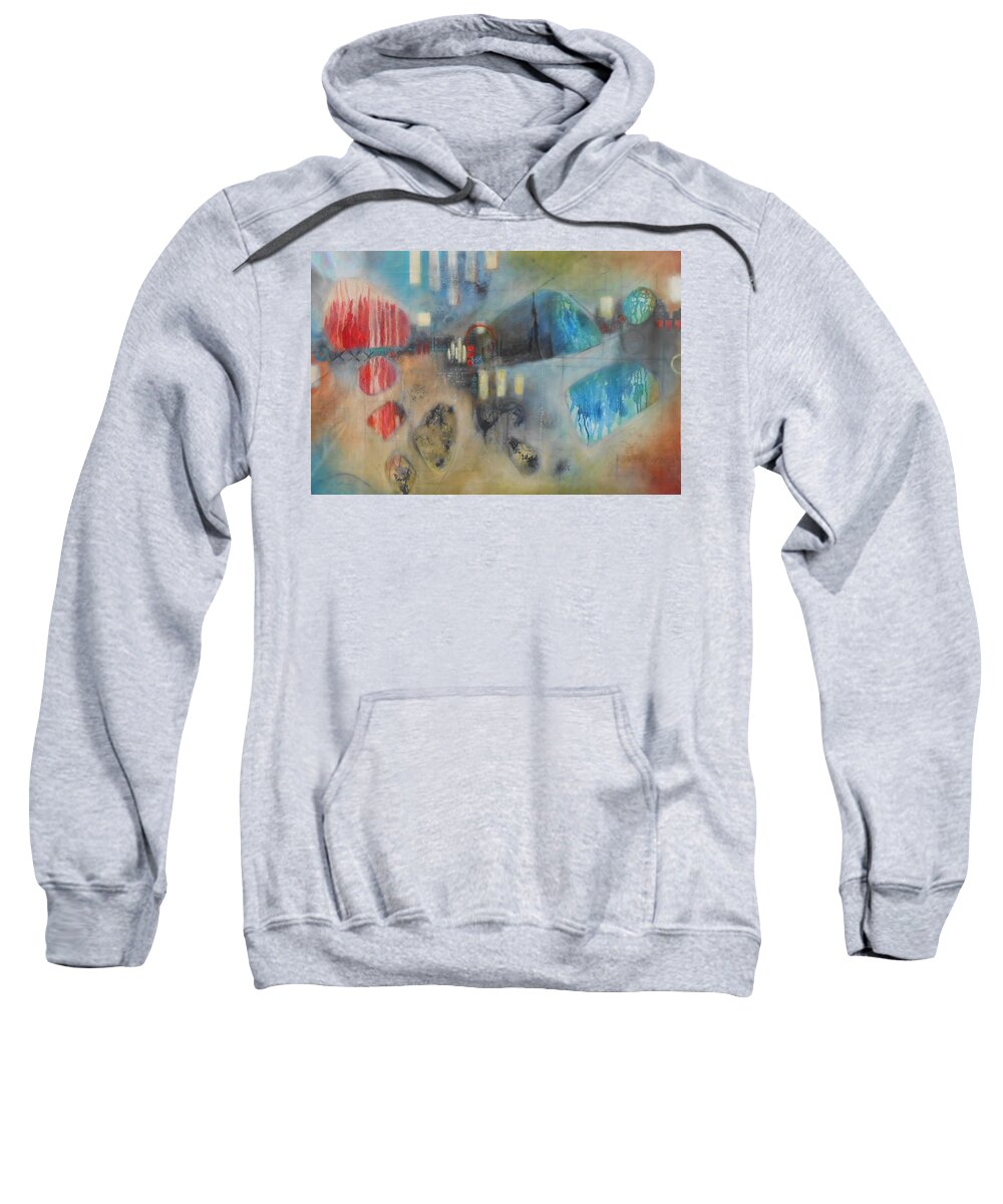 This Painting Consists Of Multiple Layers Of Mix Media And Depth. What I Like To Achieve Is To Capture Your Attention Across The Room And Draw You In. As You Approach The Painting You Will Notice More And More Interesting Mark Making And Details. The Color Will Flow /float And The Art Will Behold You And You Will Want To Get Closer To It. Abstract Sweatshirt featuring the painting Cosmic Symphony 19 by Susan Goh