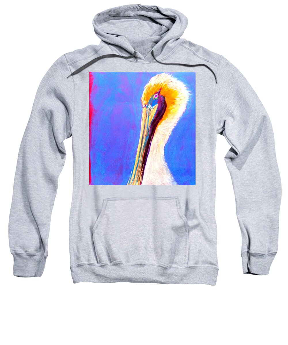 Bird Pelican Portrait Face Colorful Whimsical Quirky Decorative Colourful Bright Vibrant Pastel Soft Pastels Soft-pastels Painting Pretty Unique Style Bold Strokes Birdie Birds Birdies Heart-warming Cute White Child's-room Childs Child's Room Vivid Drawing Sketch Loose Distinctive Funny Fun Sweatshirt featuring the painting Cute Pelican by Sue Jacobi