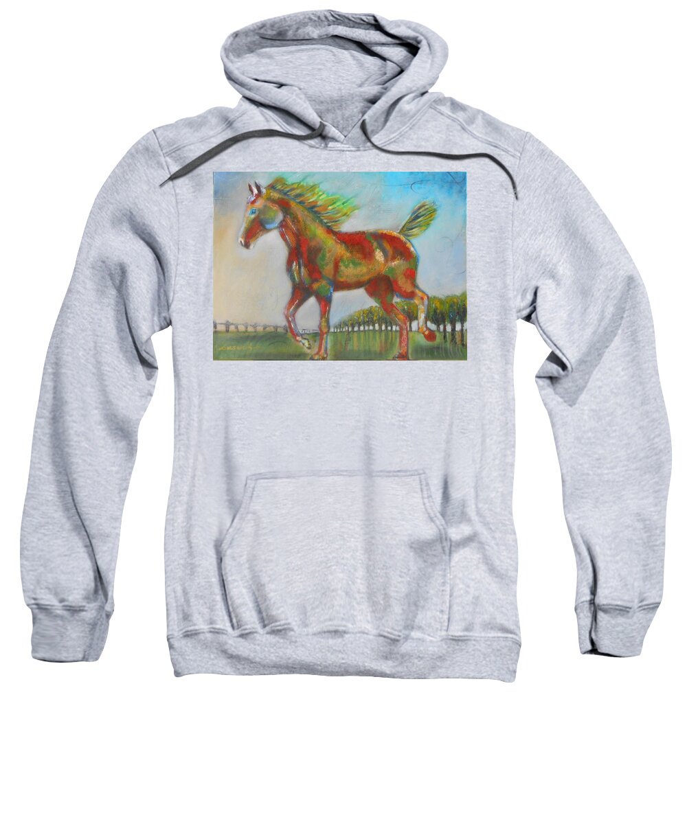 Multiple Layers Of Mix Media And Depth Sweatshirt featuring the painting Dancing Horse 2 by Susan Goh
