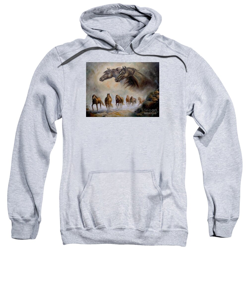 Horse Portrait With Running Horses Sweatshirt featuring the painting Equestrian horse painting Distand Thunder by Regina Femrite