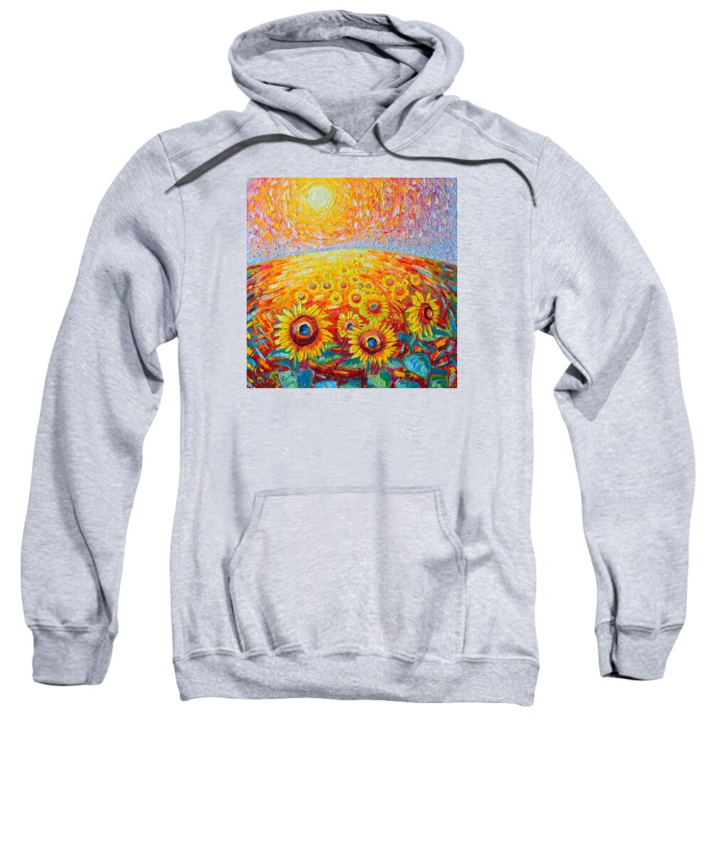 Sunflower Sweatshirt featuring the painting Fields Of Gold - Abstract Landscape With Sunflowers In Sunrise by Ana Maria Edulescu