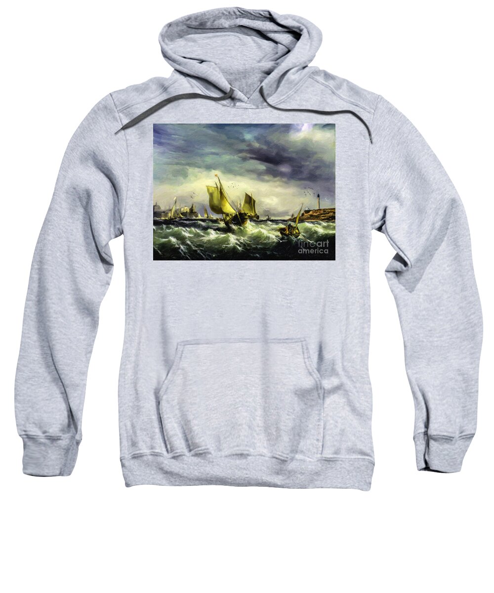 Fishing Boats Sweatshirt featuring the digital art Fishing in High Water by Lianne Schneider