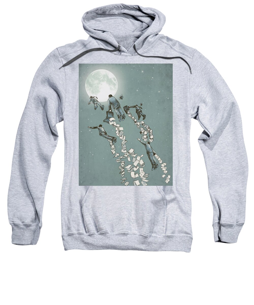 Moon Sweatshirt featuring the drawing Flight of the Salary Men by Eric Fan