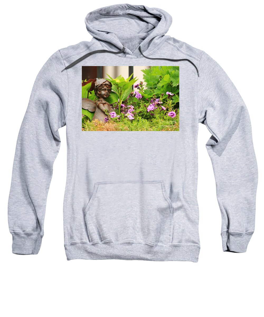Angel Sweatshirt featuring the photograph Flower-bed mit an angel statue by Amanda Mohler