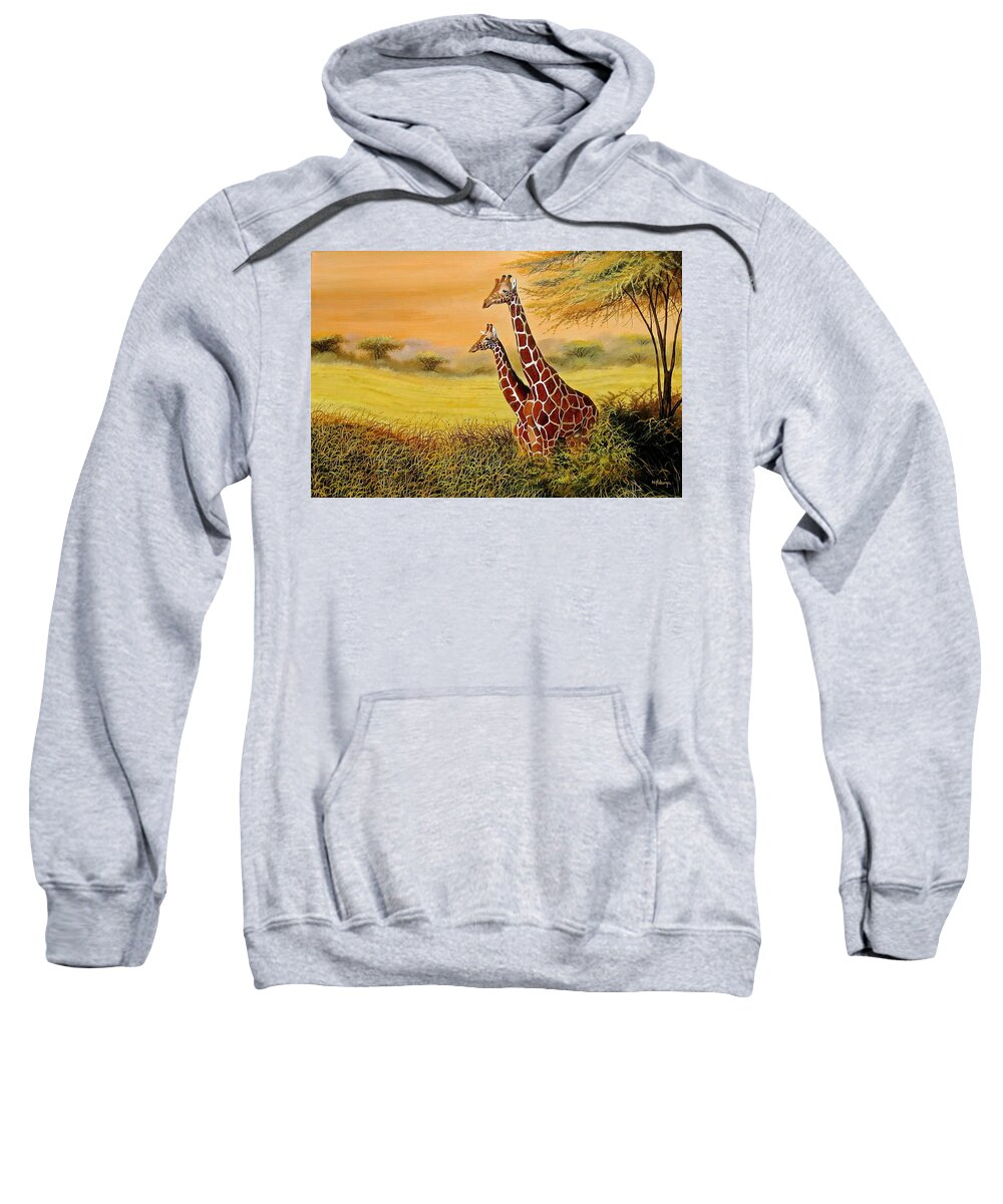 African Paintings Sweatshirt featuring the painting Giraffes Watching by Wycliffe Ndwiga