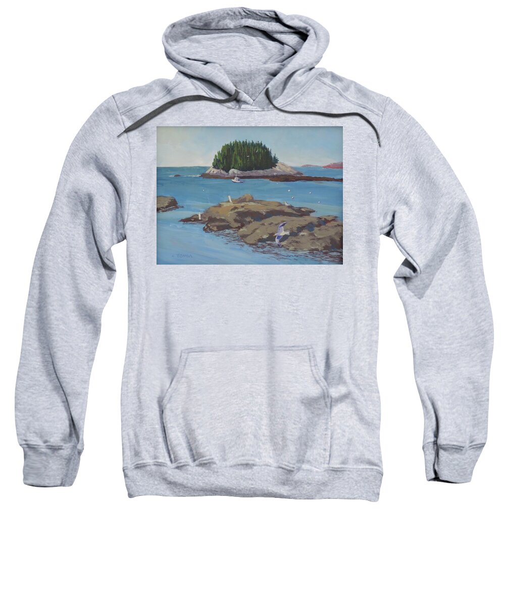 Gulls At Five Islands Sweatshirt featuring the painting Gulls at Five Islands - Art by Bill Tomsa by Bill Tomsa
