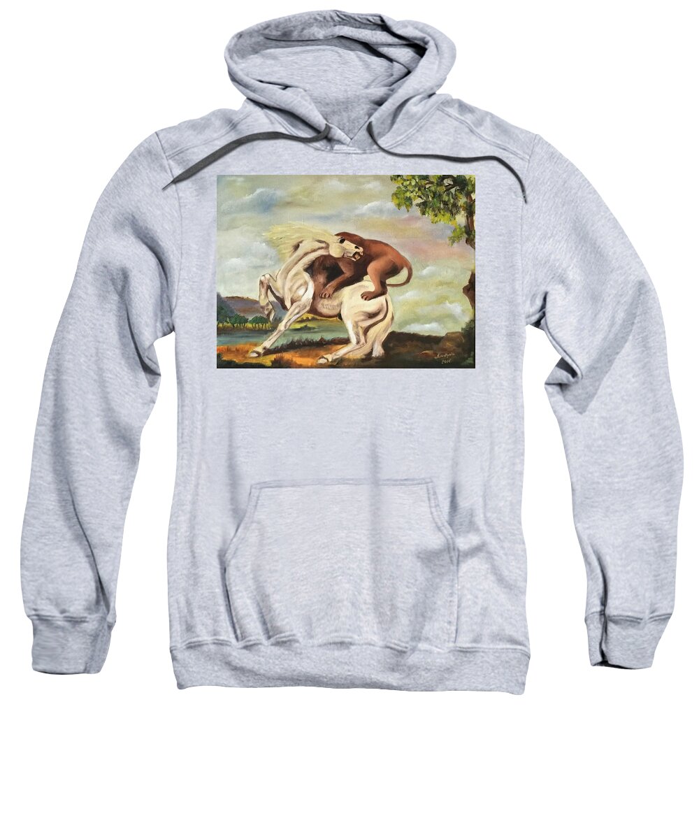 Art Sweatshirt featuring the painting Horse Attacked By A Lion by Ryszard Ludynia