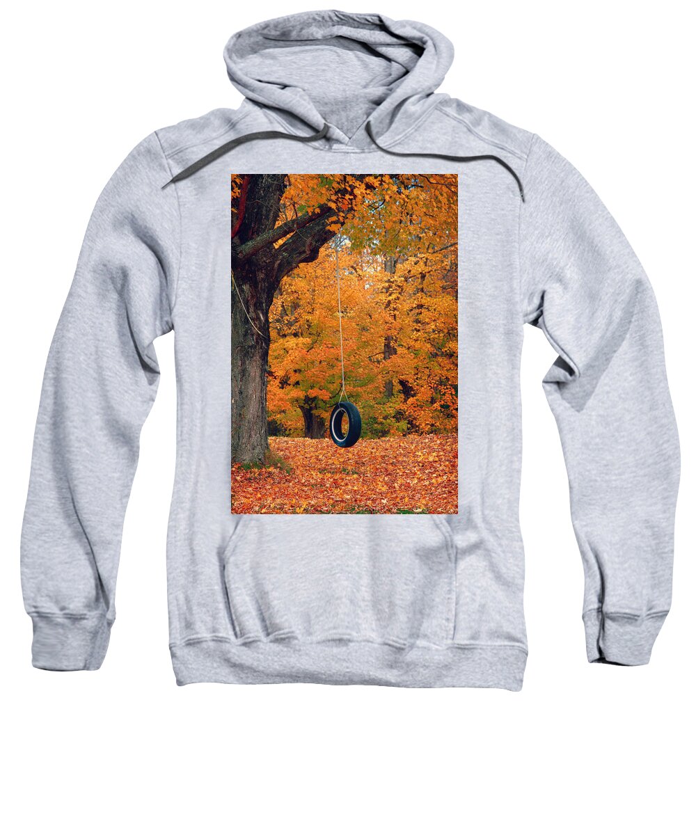 Autumn Foliage New England Sweatshirt featuring the photograph Maine fall foliage around tire swing by Jeff Folger