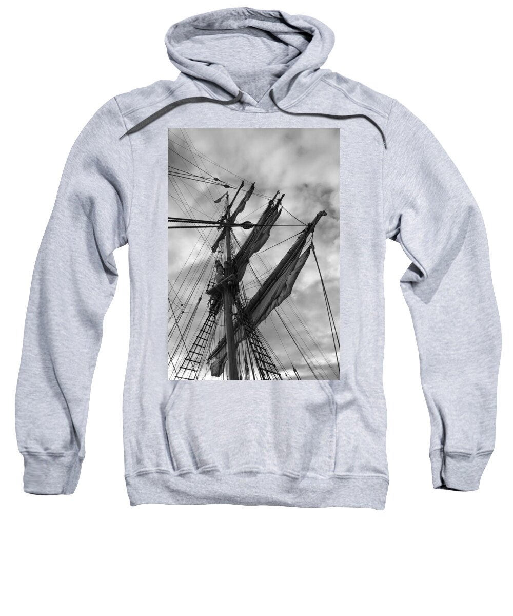 Adventure Sweatshirt featuring the photograph Mast and sails of a brig - monochrome by Ulrich Kunst And Bettina Scheidulin
