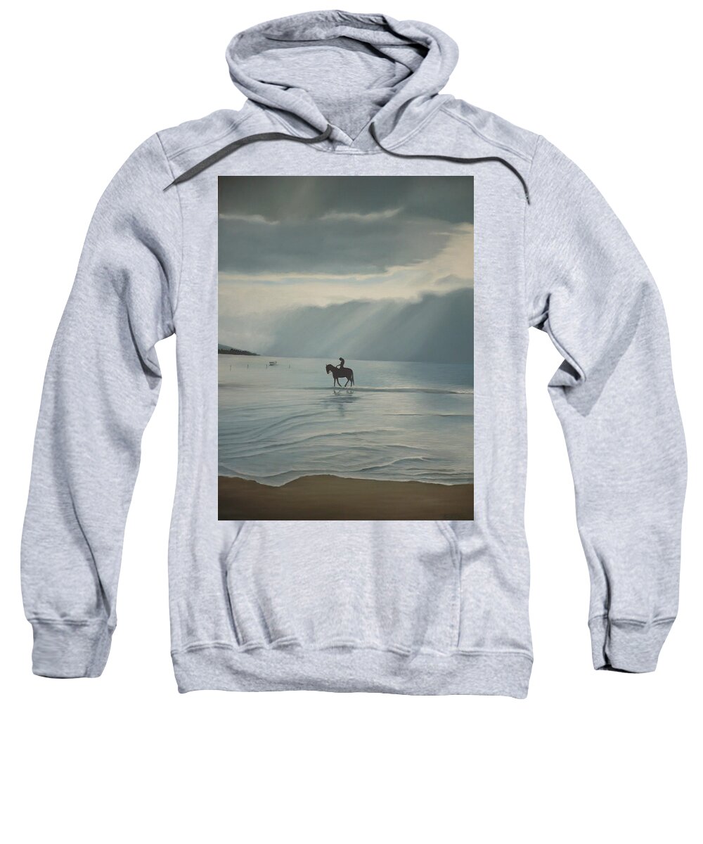Horse Sea Sand Clouds Sun Beach Scene Sweatshirt featuring the painting Morning Ride by Caroline Philp