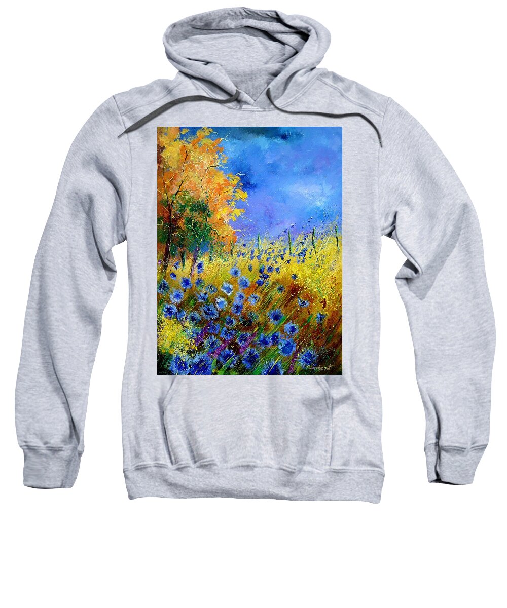 Poppies Sweatshirt featuring the painting Orange tree and blue cornflowers by Pol Ledent