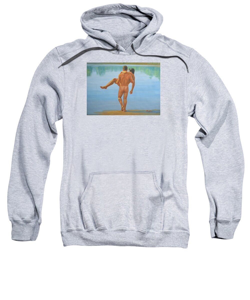 Original. Oil Painting. Art Sweatshirt featuring the painting Original Oil Painting Man Body Art -male Nude By The Pool -073 by Hongtao Huang