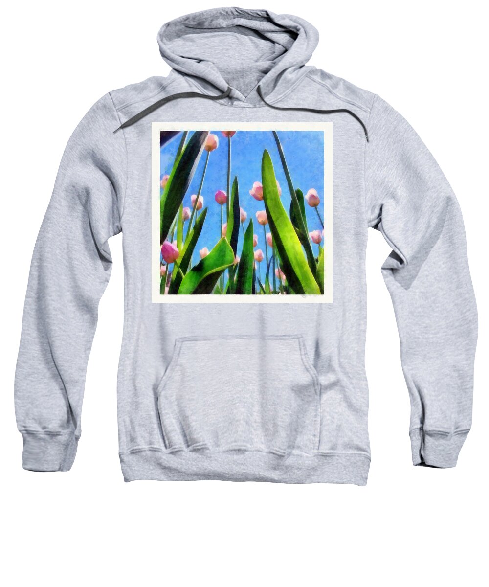 Hollander Sweatshirt featuring the photograph Pink Tulips from the Bottom Up by Michelle Calkins