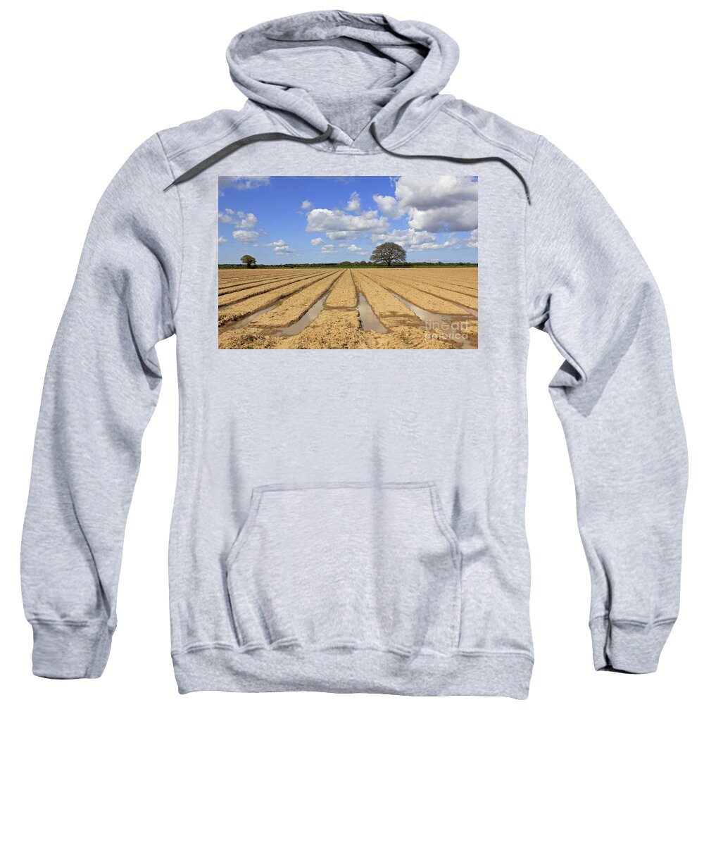 Ploughed Field Uk English British Landscape Countryside Furrow Tracks Converging Lines Earth Agriculture Farming Farmland Fertile Oak Fluffy Clouds Blue Sky Summer Sweatshirt featuring the photograph Ploughed Field by Julia Gavin