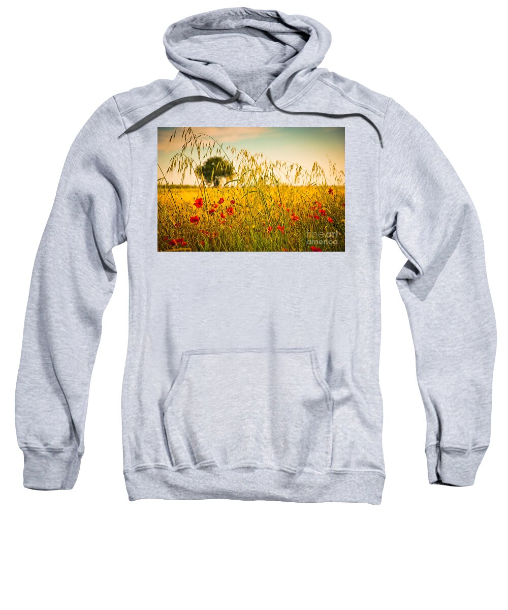 Field Sweatshirt featuring the photograph Poppies with tree in the distance by Silvia Ganora