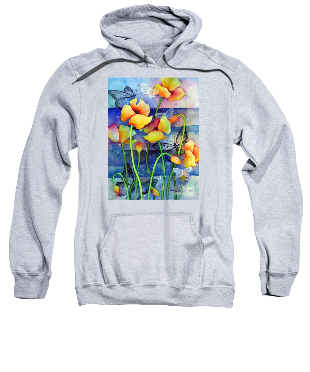 Flower Sweatshirt featuring the painting Poppy Field - Butterflies by Hailey E Herrera