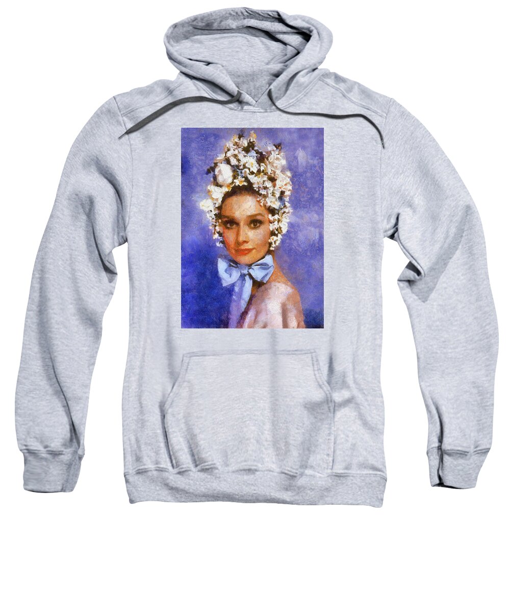 Portrait Sweatshirt featuring the digital art Portrait of Audrey Hepburn by Charmaine Zoe