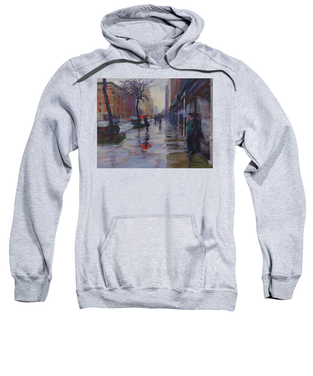 Landscape Sweatshirt featuring the painting Rain and Smoke on Amsterdam Avenue by Peter Salwen