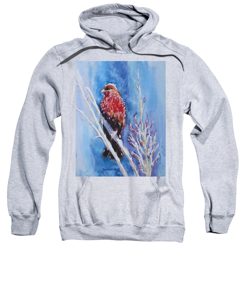 Bird Sweatshirt featuring the painting The Red Bird with pink flowers by Jyotika Shroff