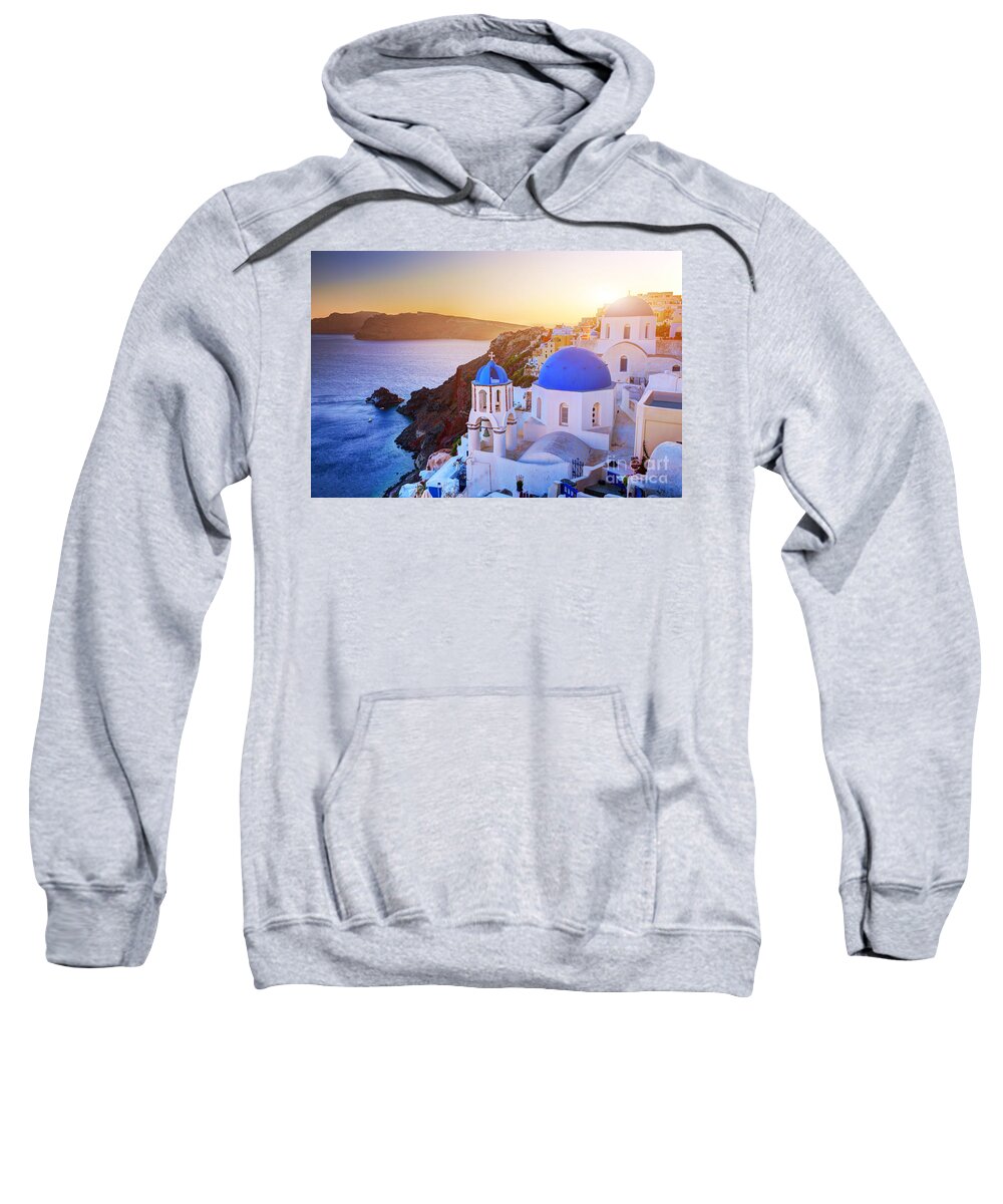 Santorini Sweatshirt featuring the photograph Santorini Greece at sunset by Michal Bednarek