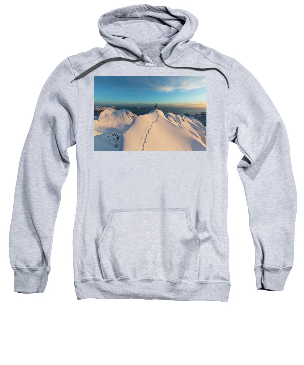 Achievement Sweatshirt featuring the photograph Skier On Top Of Snowy Mountain Peak by Adam Clark