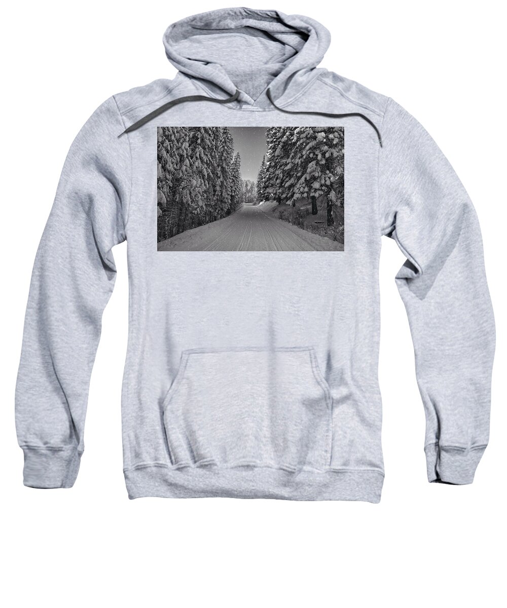 Snow Sweatshirt featuring the photograph Snowy road in black and white by Lynn Hopwood