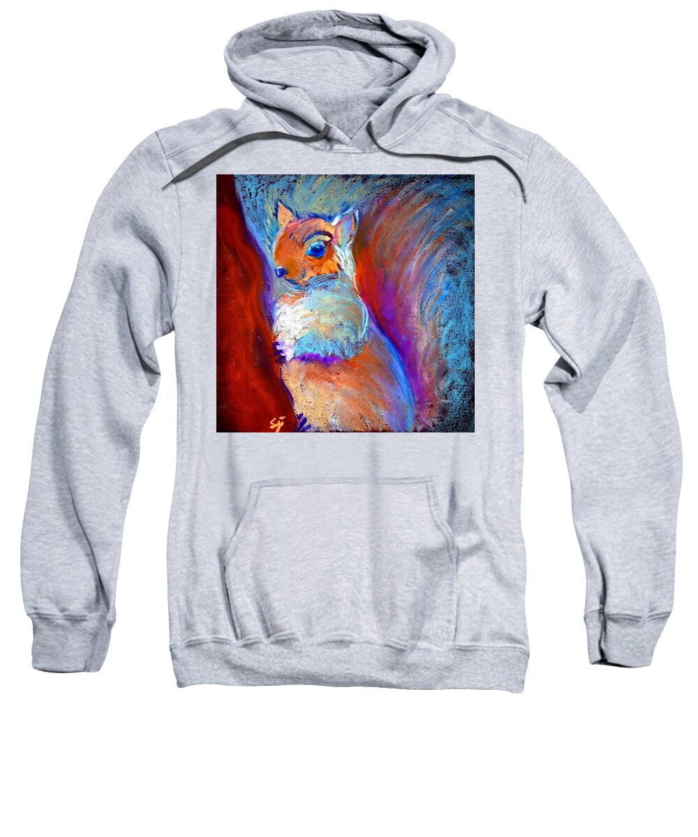 Squirrel Smiling Smile Fluffy Chipmunk Chipmunks Squirrels Funky Colorful Wildlife Unusual Fun Art Paintings Sweatshirt featuring the painting Squirrel by Sue Jacobi