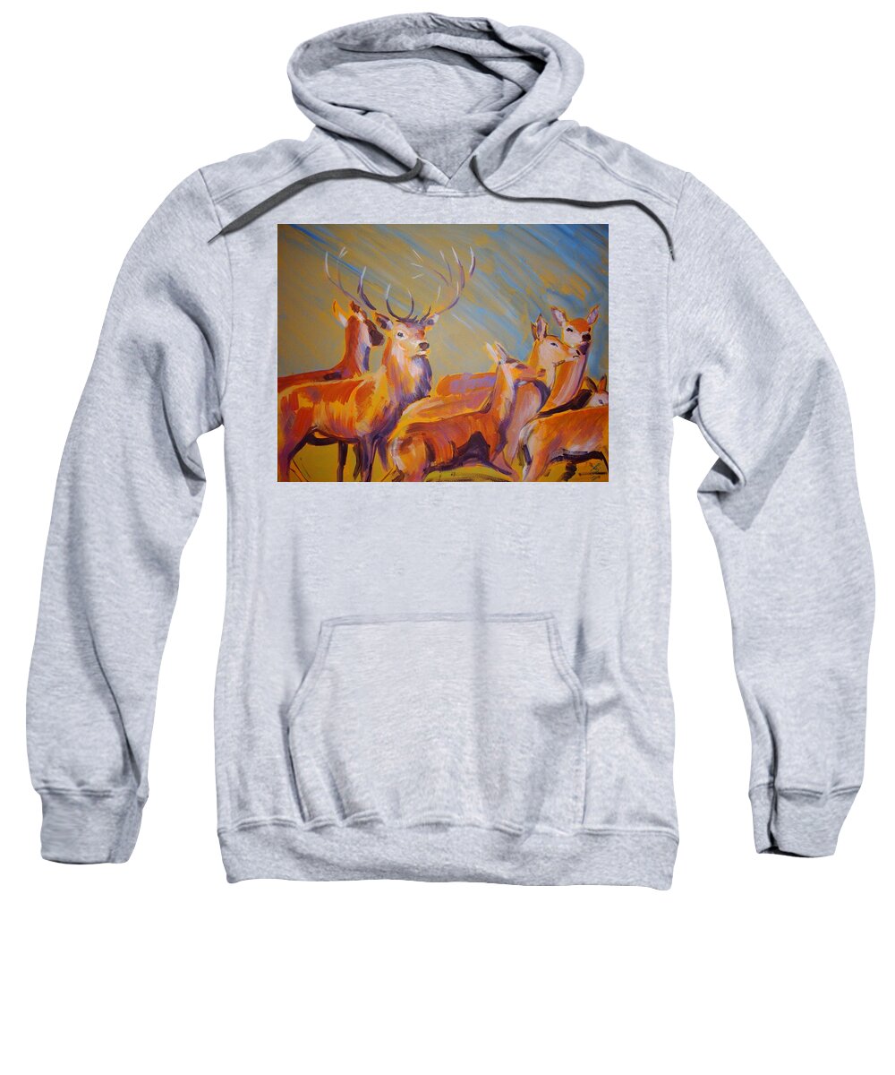 Deer Sweatshirt featuring the painting Stag and Deer Painting by Mike Jory