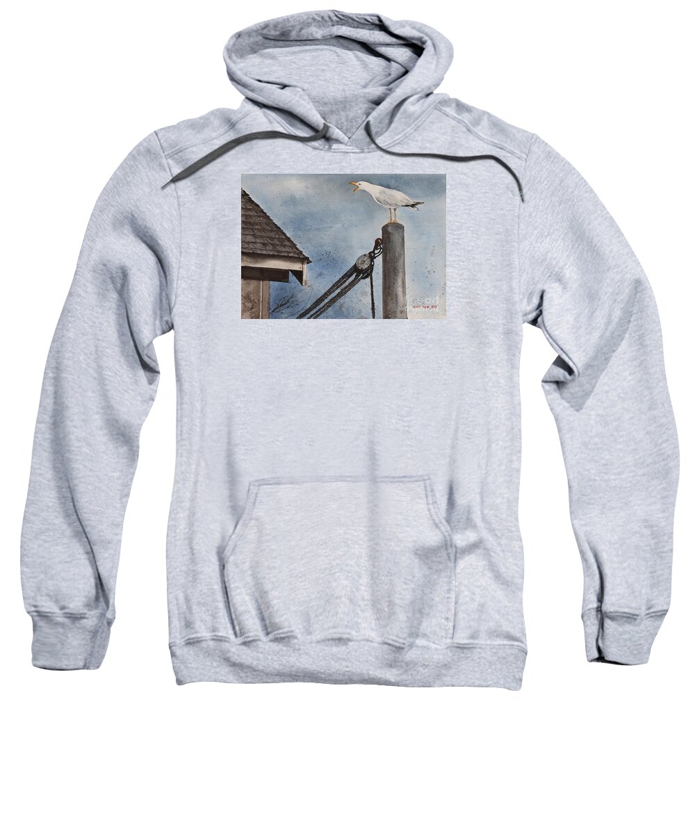 A Gull Perches Atop A Pole At An Inlet On The Coast Of Maine. Sweatshirt featuring the painting Staking A Claim by Monte Toon