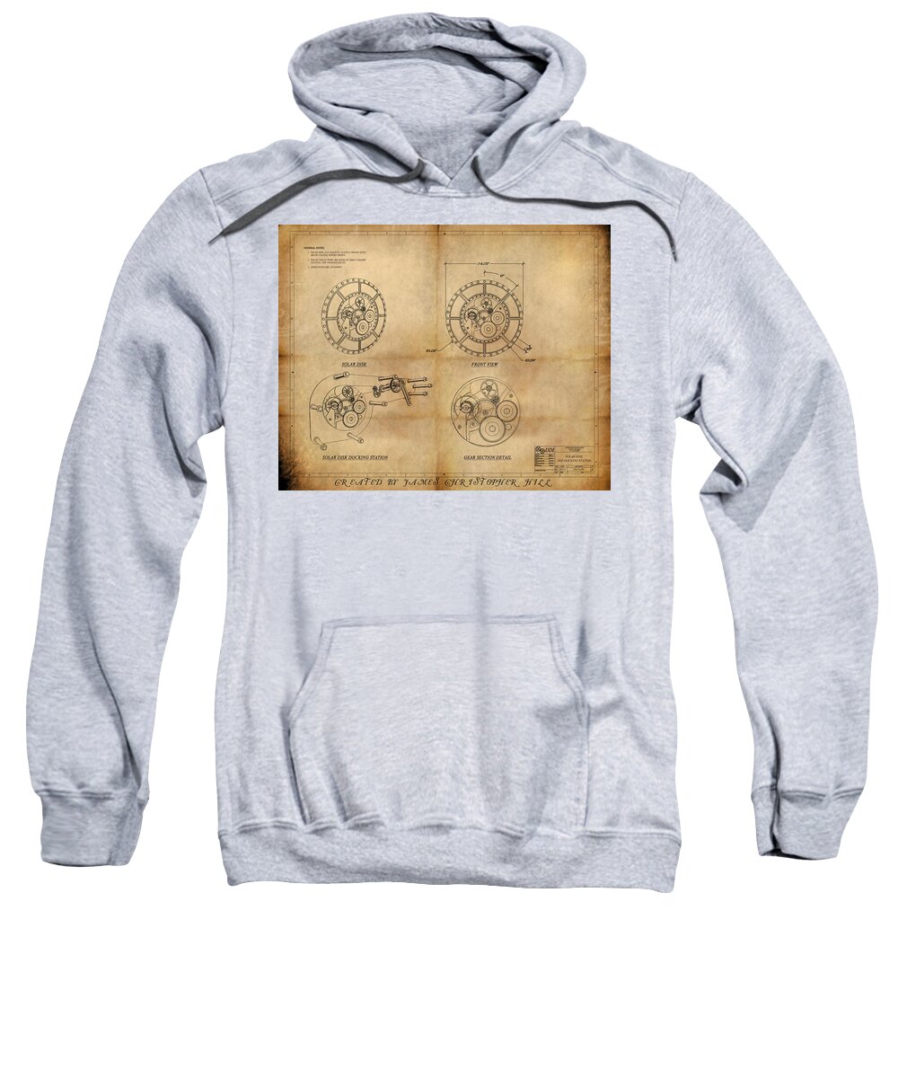 Steampunk; Gears; Housing; Cogs; Machinery; Lathe; Columns; Brass; Copper; Gold; Ratio; Rotation; Elegant; Forge; Industry; Clockwork Sweatshirt featuring the painting Steampunk Solar Disk by James Hill