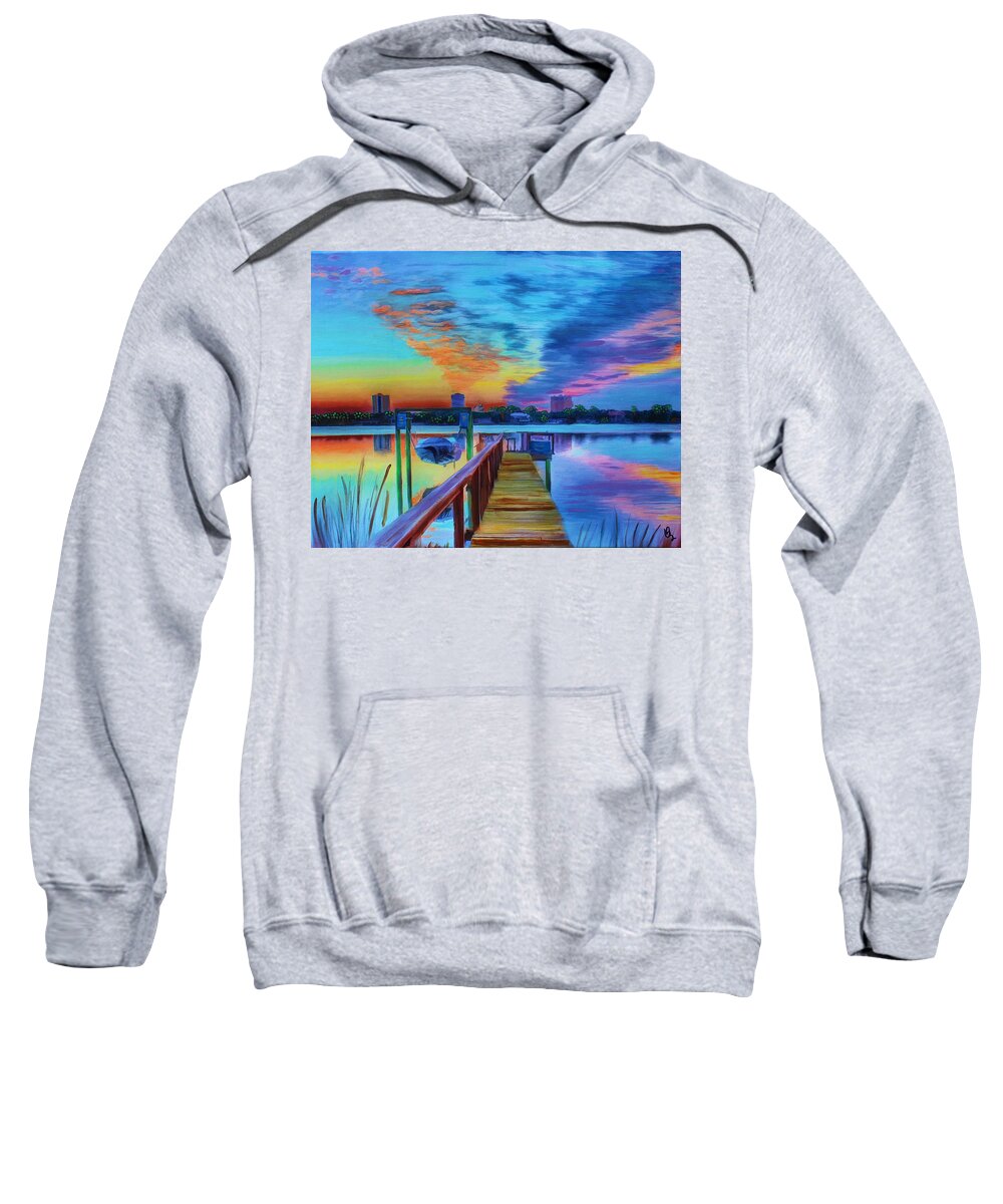 Boat Sweatshirt featuring the painting Sunrise On The Dock by Deborah Boyd