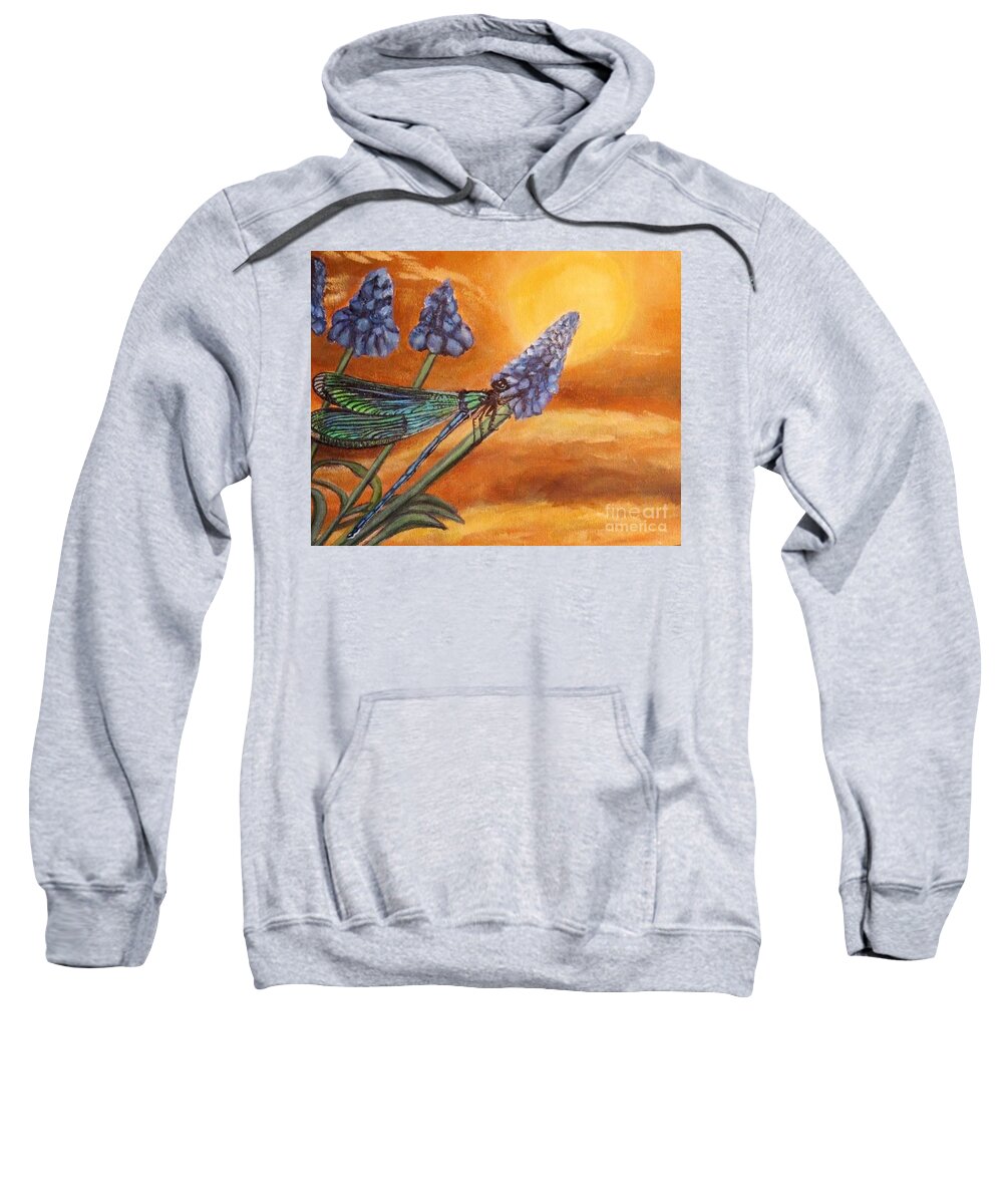 Nature Scene Aquatic Water Scene Ecology With Environmental Message For Conservation For Earth Day Blue Green Dragonfly Blue Prussian Blue Grape Hyacinths Golden Orange Sunset Acrylic Painting Sweatshirt featuring the painting Summer Sunset over a Dragonfly by Kimberlee Baxter