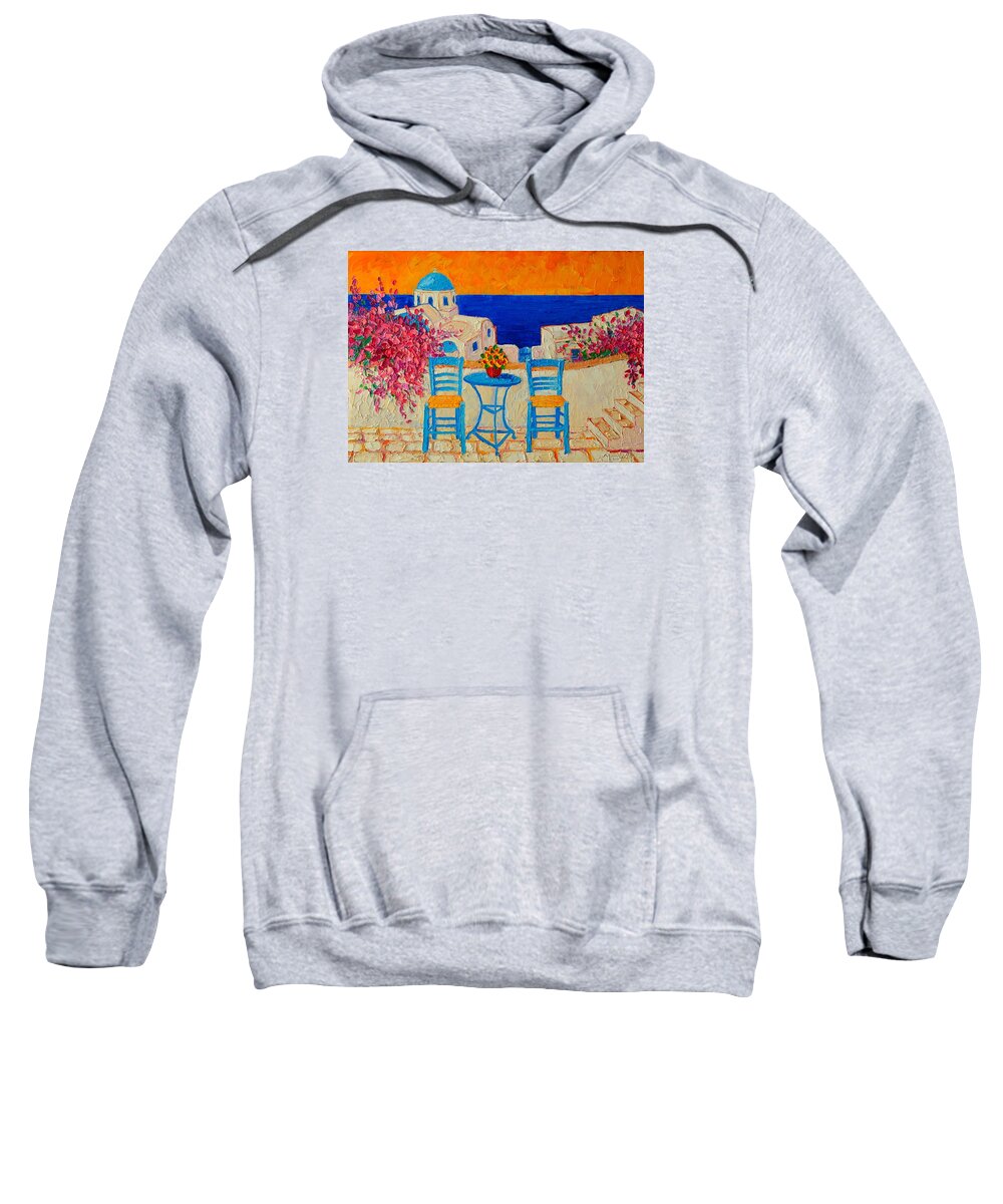 Greece Sweatshirt featuring the painting Table For Two In Santorini Greece by Ana Maria Edulescu