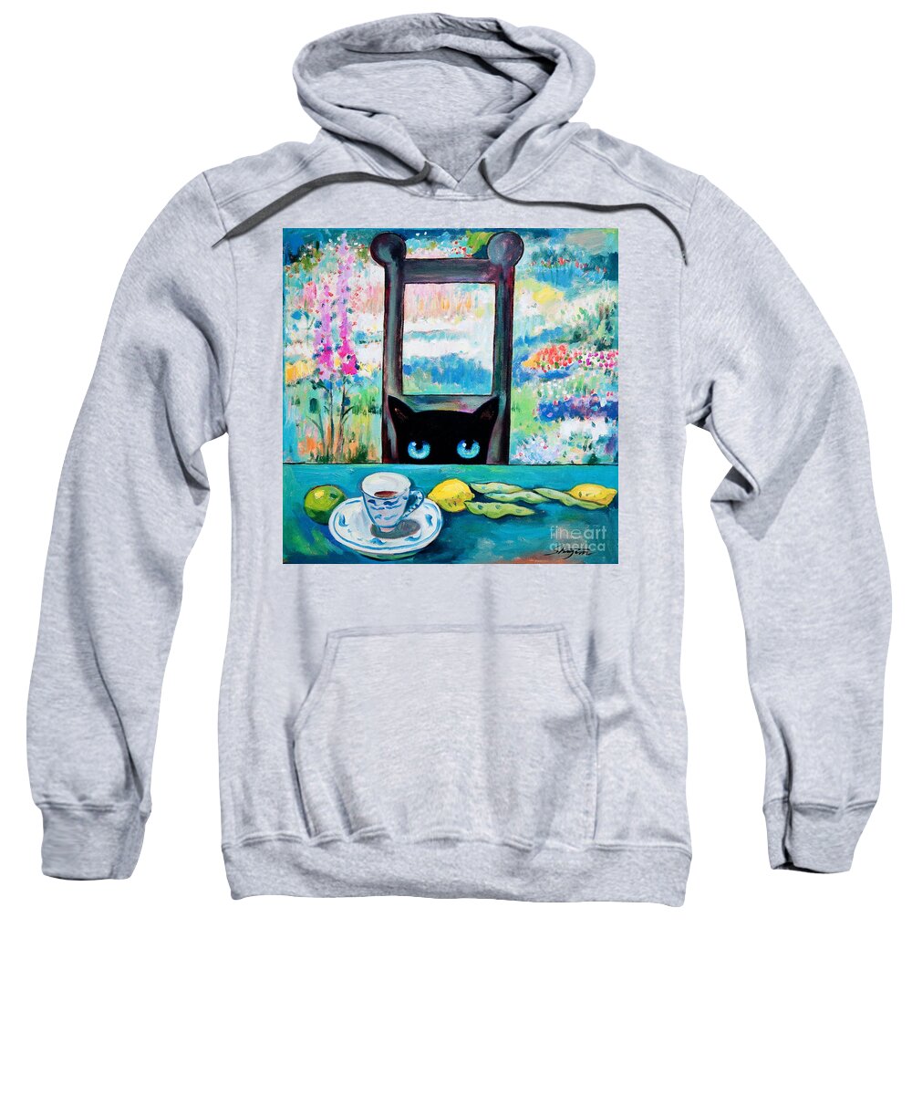 Cat Sweatshirt featuring the painting Tea Time Kitty by Shijun Munns