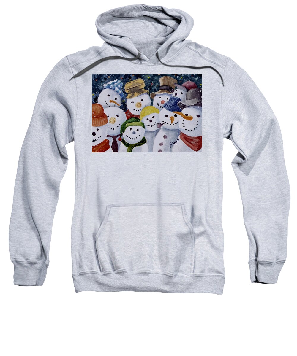 Snowmen Sweatshirt featuring the painting Ten Little Snowmen by Sam Sidders