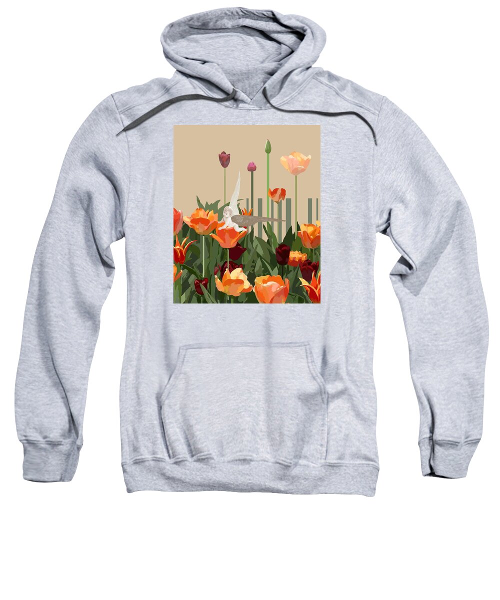 Angel Sweatshirt featuring the digital art A little angel with tulips by Victoria Fomina