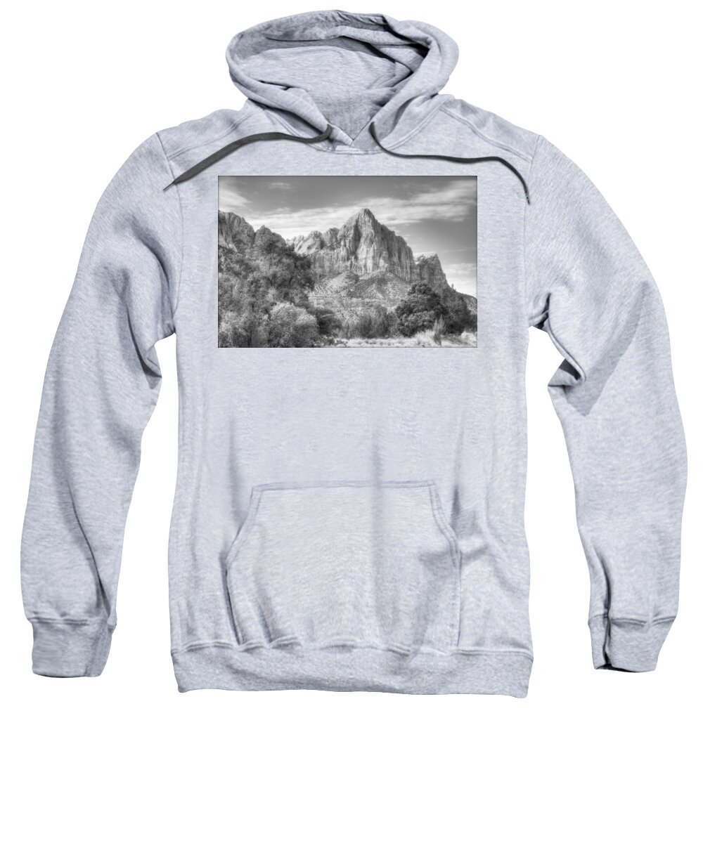 Mountainlandscapeblack And Whiteb&wzionnational Parkdesertrockmajestic Sweatshirt featuring the photograph The Watchman by Jeff Cook